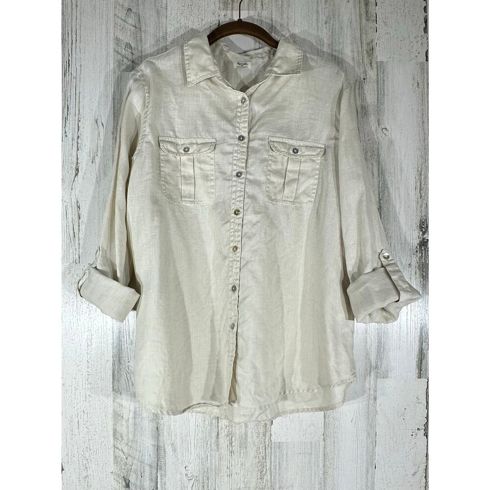 Symple NYC‎ Button Up Top Size Large Cream Off White 100% Linen Roll Tab Sleeves